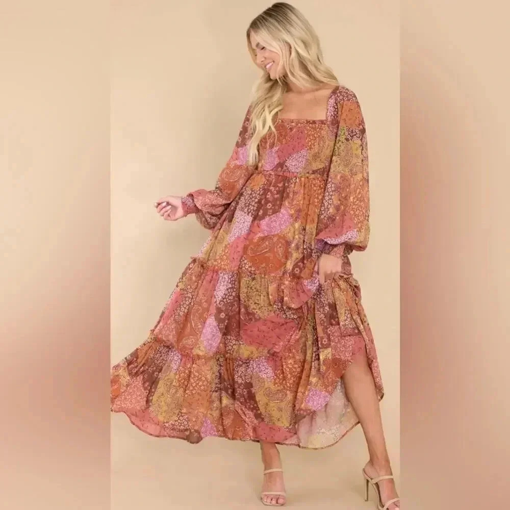 AURA maxi dress patchwork boho rust long sleeves smocked paisley stretchy